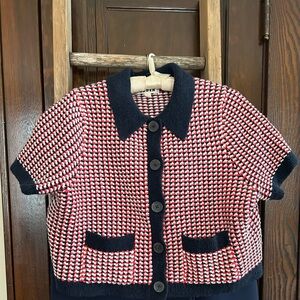 Boden Short Sleeve Geo Cardigan, navy/red/white, great condition, size L